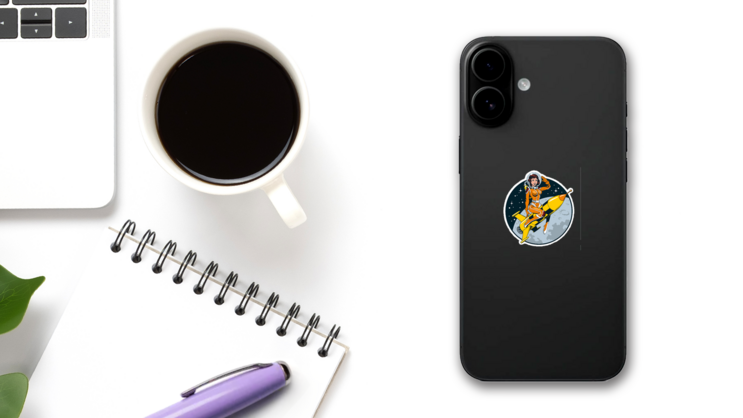 Vintage Comic Style Astronaut Woman Sticker on a Phone (New) example