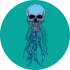 Vintage Drawing Jellyfish Skull On Blue Sticker