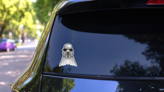 Vintage Engraving Rooster In Hat Sticker on a Rear Car Window (New) example