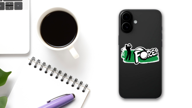Vintage Golfer Swinging Fore! Sport Saying Sticker on a Phone (New) example