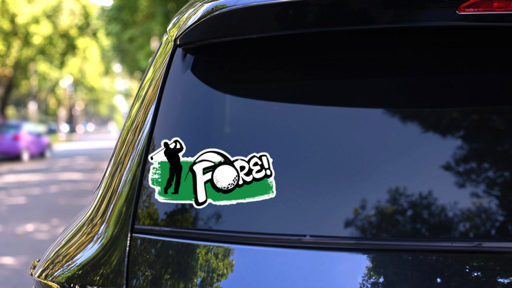 Vintage Golfer Swinging Fore! Sport Saying Sticker on a Rear Car Window (New) example