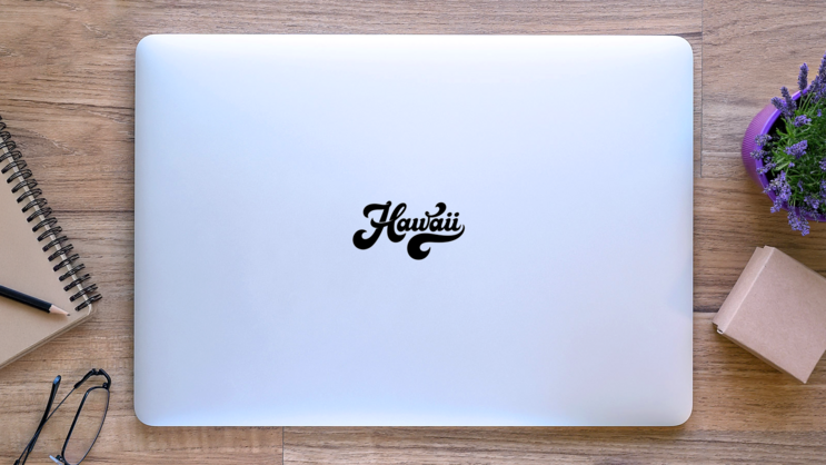 Vintage Hawaii Lettering In Retro Style Sticker on a Laptop (New) example