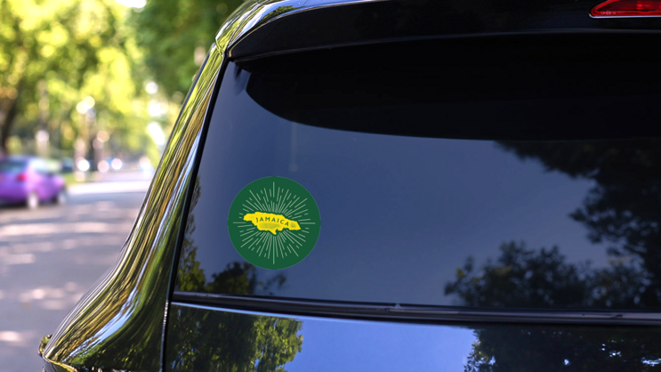 Vintage Jamaica Map Sunburst Sticker on a Rear Car Window (New) example