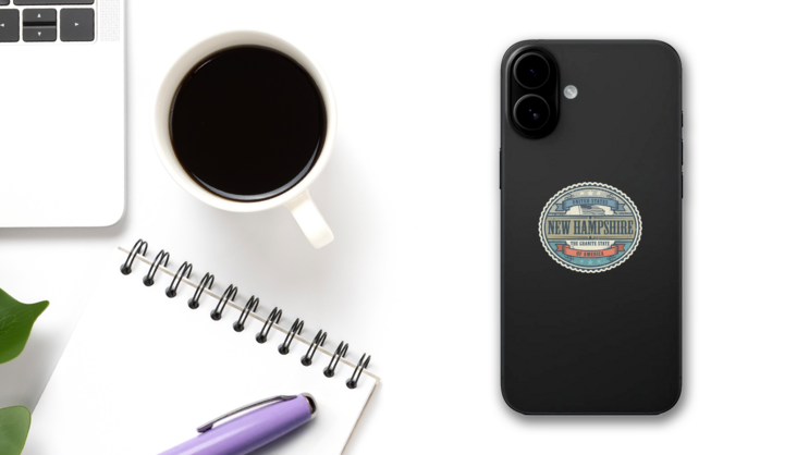 Vintage New Hampshire State Sticker on a Phone (New) example