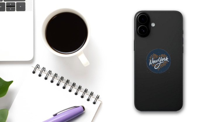 Vintage New York Calligraphic Sticker on a Phone (New) example