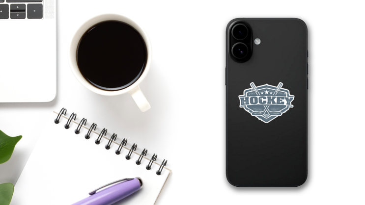 Vintage Style Hockey Sport Crest Sticker on a Phone (New) example
