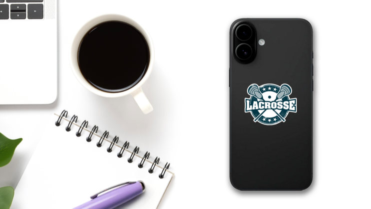 Vintage Style Lacrosse Sport Stamp Sticker on a Phone (New) example