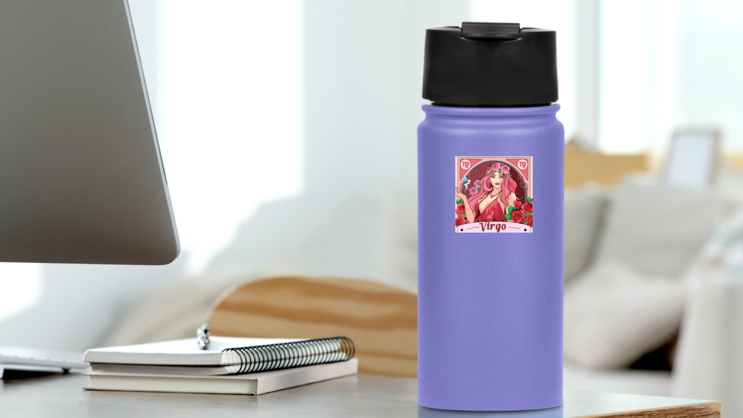 Virgo Beautiful Art Rose Illustration Sticker on a Water Bottle (New) example