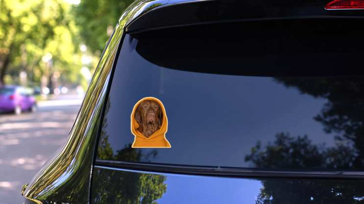 Vizsla Hoodie Orange Sticker on a Rear Car Window (New) example