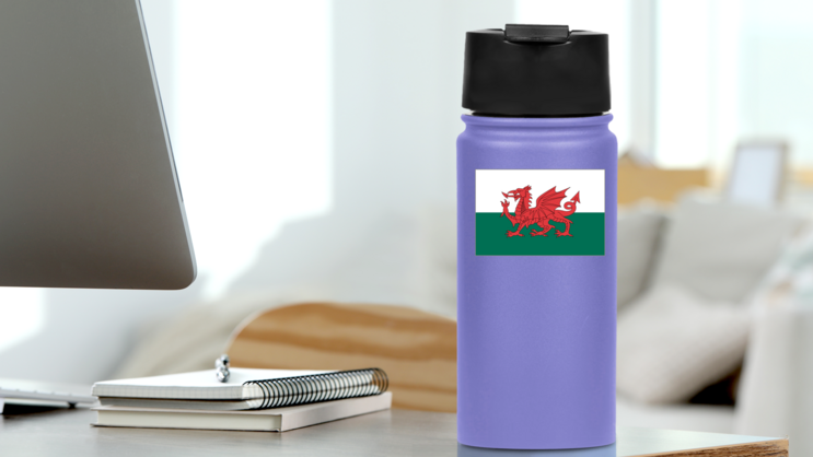 Wales Flag Sticker on a Water Bottle (New) example