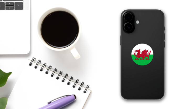 Wales UK Rounded Country Flag Icon Sticker on a Phone (New) example