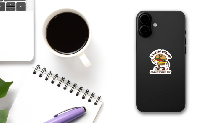 Walking Burger Delicious In Every Bite Sticker on a Phone (New) example