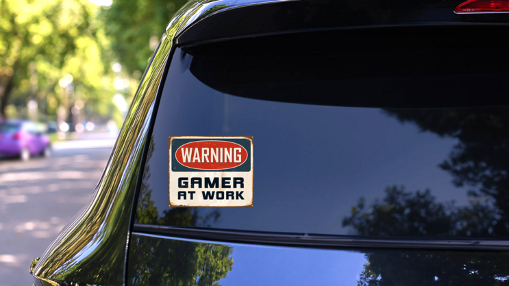 Warning Gamer At Work Sign Sticker on a Rear Car Window (New) example