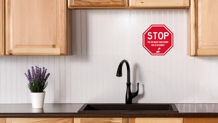 Wash Your Hands Stop Sign Sticker on a Kitchen Sink (New) example