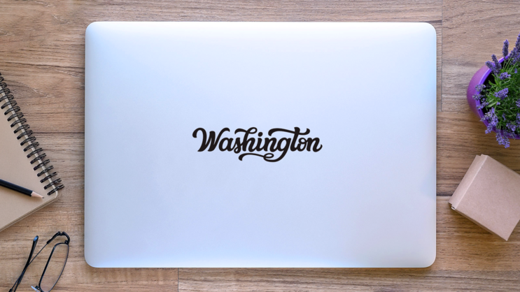 Washington Calligraphy Sticker on a Laptop (New) example