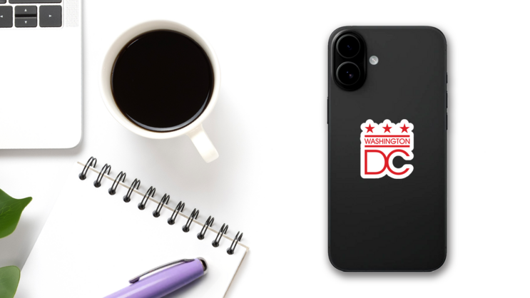 Washington Dc Red Text Design Sticker on a Phone (New) example