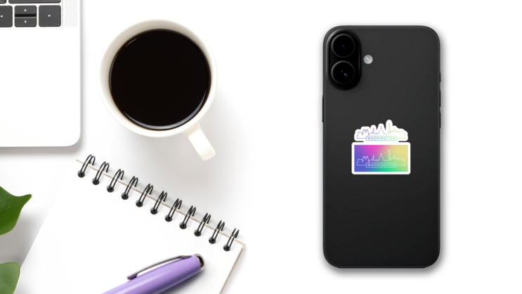 Washington DC Skyline Colorful Linear Style Sticker on a Phone (New) example