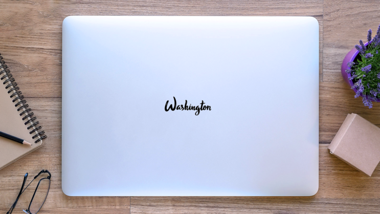 Washington Handwritten Calligraphy Sticker on a Laptop (New) example