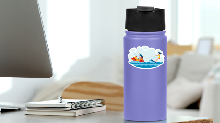 Water Skiing Entertainment Illustration Sticker on a Water Bottle (New) example