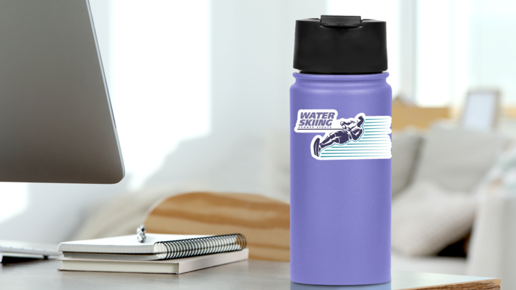 Water Skiing. Sport Emblem Sticker on a Water Bottle (New) example