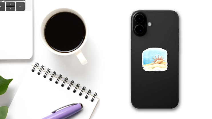 Watercolor Background With Large Shell Sticker on a Phone (New) example