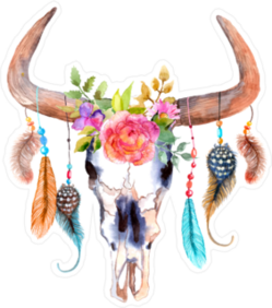 Watercolor Bull Buffalo Skull With Flowers And Feathers Sticker