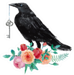 Watercolor Crow With Vintage Key Sitting On Garden Roses Sticker