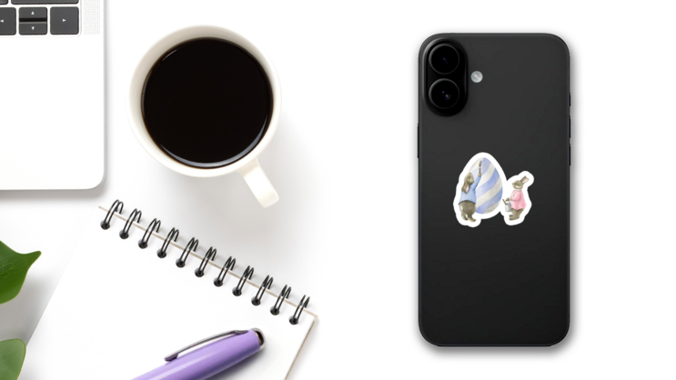 Watercolor Easter Bunny Big Egg Illustration Sticker on a Phone (New) example