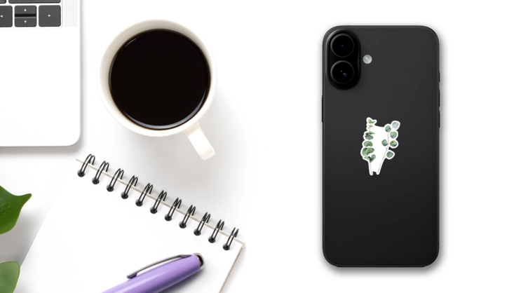 Watercolor Eucalyptus Round Leaves And Branches Sticker on a Phone (New) example