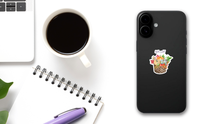 Watercolor Fall Harvest Illustration Hello Fall! Sticker on a Phone (New) example