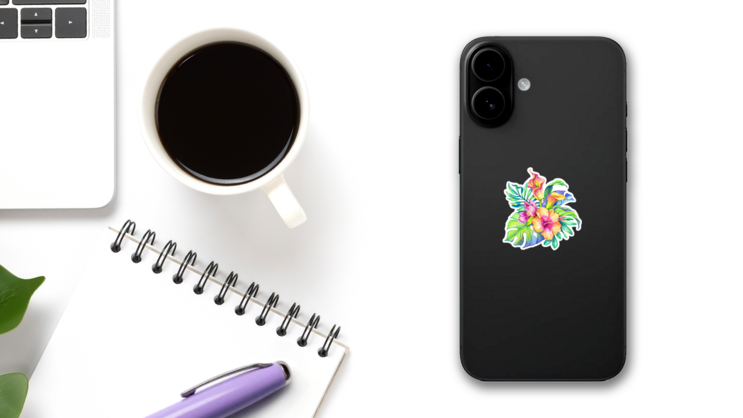 Watercolor Floral Illustration Hibiscus Sticker on a Phone (New) example