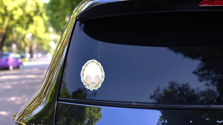 Watercolor Floral Wreath In Egg Shape With Easter Rabbit Ears Sticker on a Rear Car Window (New) example