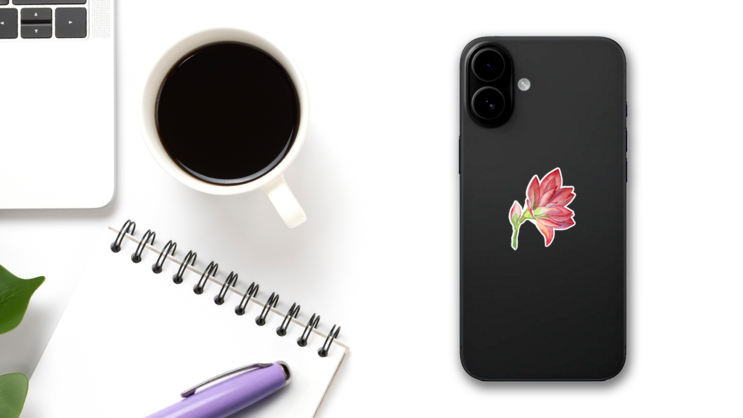 Watercolor Hand-drawn Pink Flower Blossom Lily Sticker on a Phone (New) example