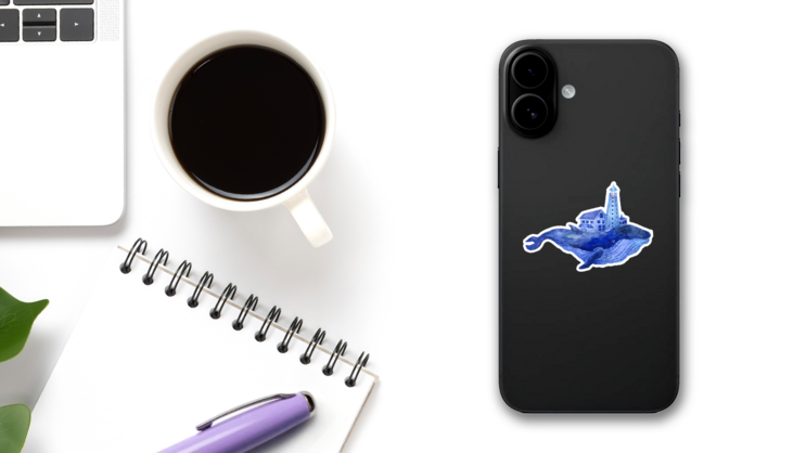 Watercolor Illustration Beautiful Blue Whale And Lighthouse Sticker on a Phone (New) example