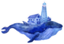 Watercolor Illustration Beautiful Blue Whale And Lighthouse Sticker