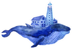 Watercolor Illustration Beautiful Blue Whale And Lighthouse Sticker