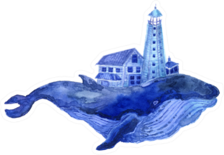 Watercolor Illustration Beautiful Blue Whale And Lighthouse Sticker