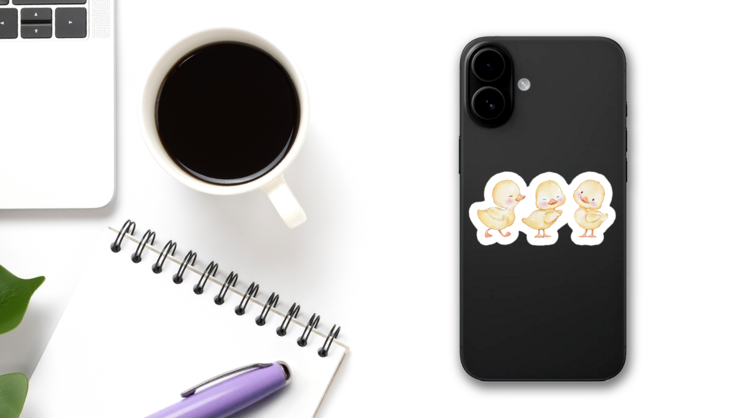 Watercolor Illustration, Set Of Cute Easter Ducklings Sticker on a Phone (New) example