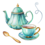 Watercolor Illustration Tea Set In Blue Sticker
