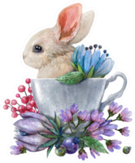 Watercolor Illustration With A Rabbit In A Cup And Flowers Sticker