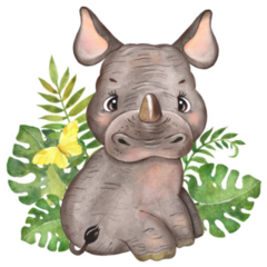 Watercolor Illustration With Little Rhino In Leaves Sticker