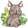 Watercolor Illustration With Little Rhino In Leaves Sticker
