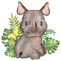 Watercolor Illustration With Little Rhino In Leaves Sticker