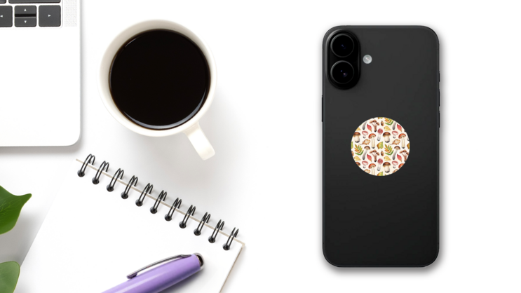Watercolor Illustrations Of Mushrooms And Leaves Sticker on a Phone (New) example