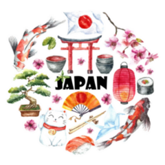 Watercolor Japanese Objects Circle Sticker