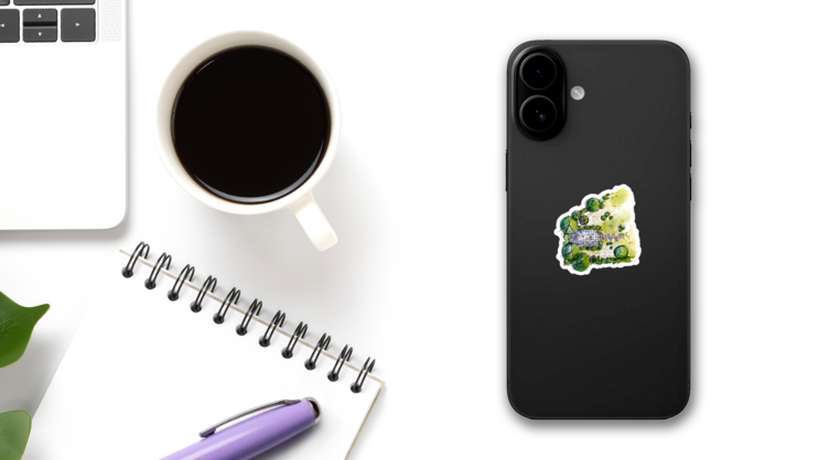 Watercolor Landscape Illustration Sticker on a Phone (New) example