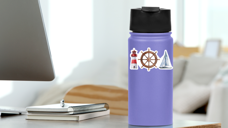 Watercolor Nautical Lighthouse, Steering Wheel And Boat Sticker on a Water Bottle (New) example