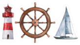 Watercolor Nautical Lighthouse, Steering Wheel And Boat Sticker