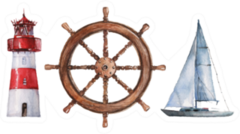Watercolor Nautical Lighthouse, Steering Wheel And Boat Sticker