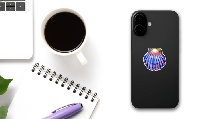 Watercolor Ocean Shell In Color Sticker on a Phone (New) example